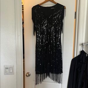 Elegant Black Sequin Fringe Mini Dress